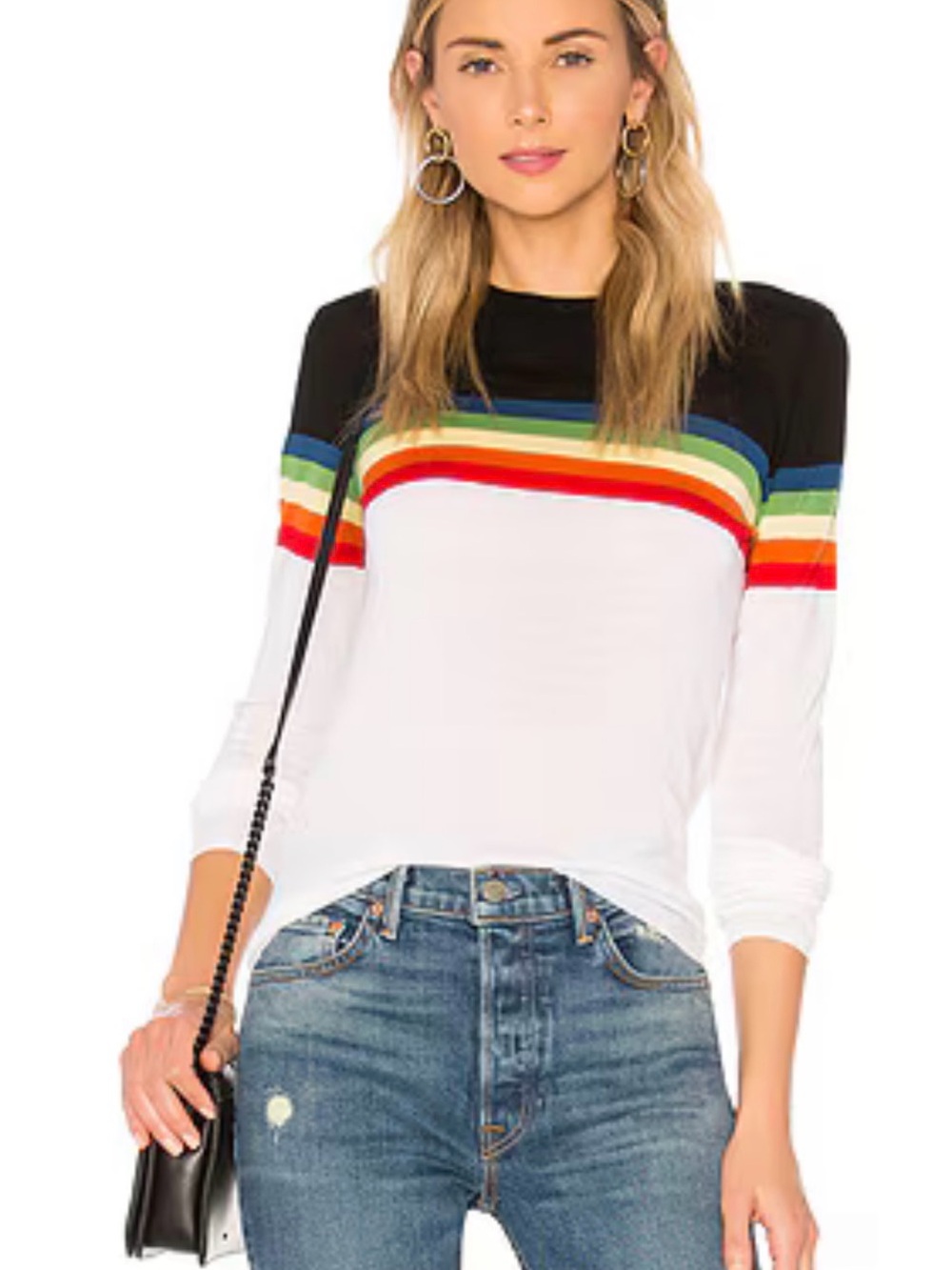 Diane Von Furstenberg White Long-Sleeve Top with Rainbow Stripes and Black Yoke